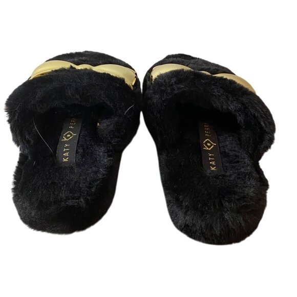 Katy Perry Faux Fur Black Slippers With Gold Bow Comfy Slip-On Shoes Size 6 - Picture 5 of 10
